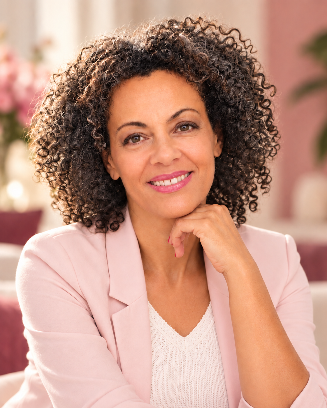 Portrait de Brigitte Gros, souriante, dans une veste rose